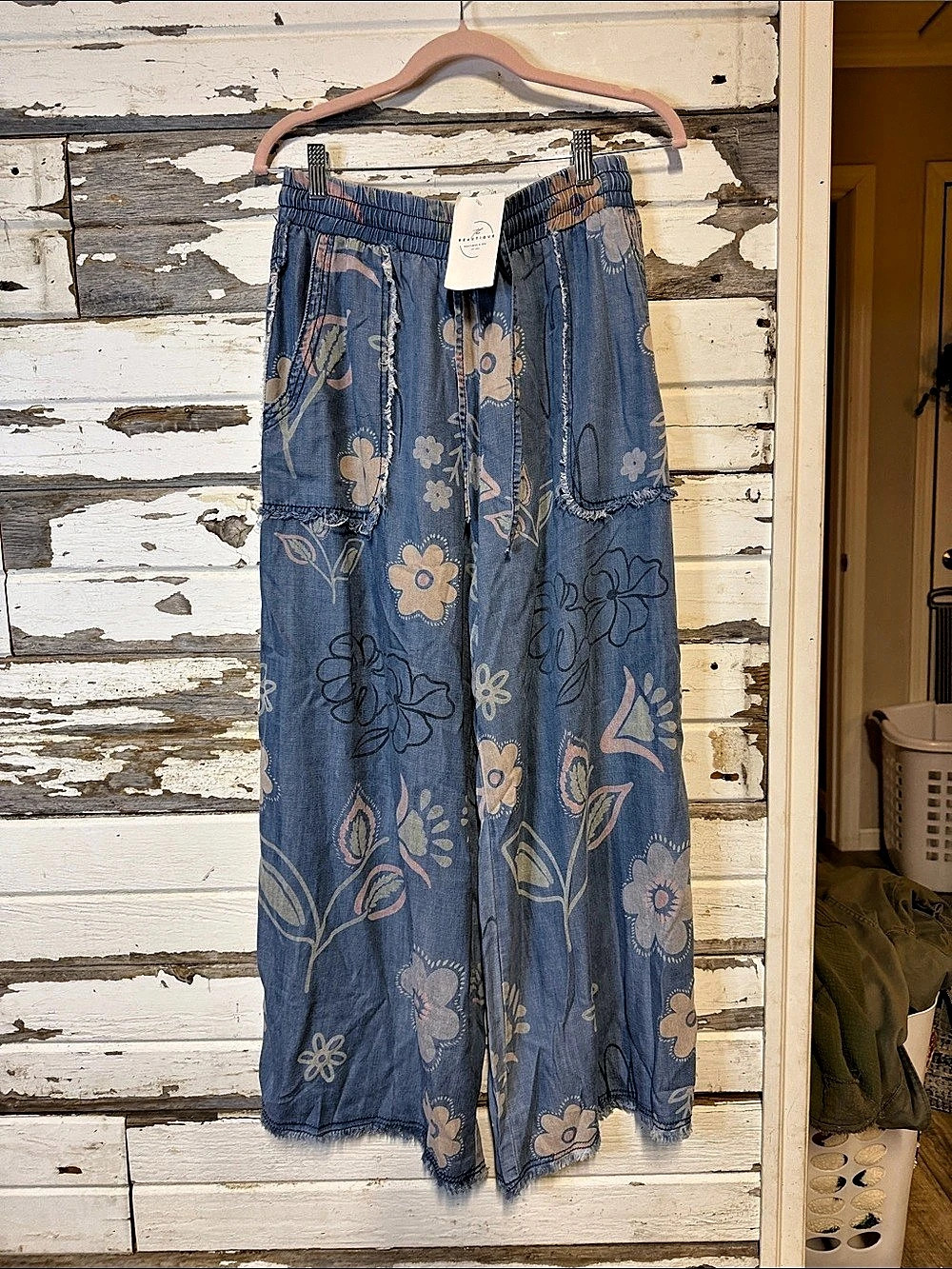 Easel Floral Print Washed Denim Wide Leg Pants Blue & Pink Medium (046